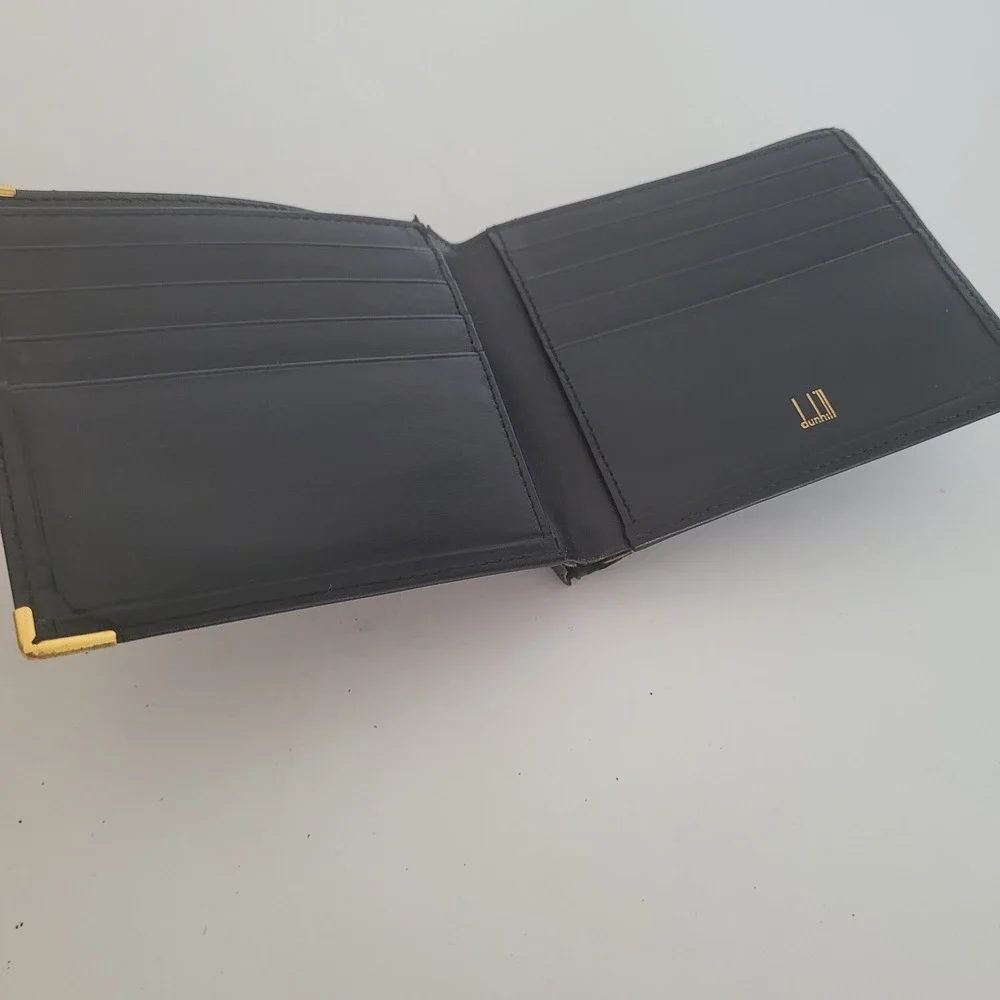 Dunhill Bifold Wallet Black Calfskin Leather Gold Corners Spain Mens Luxury